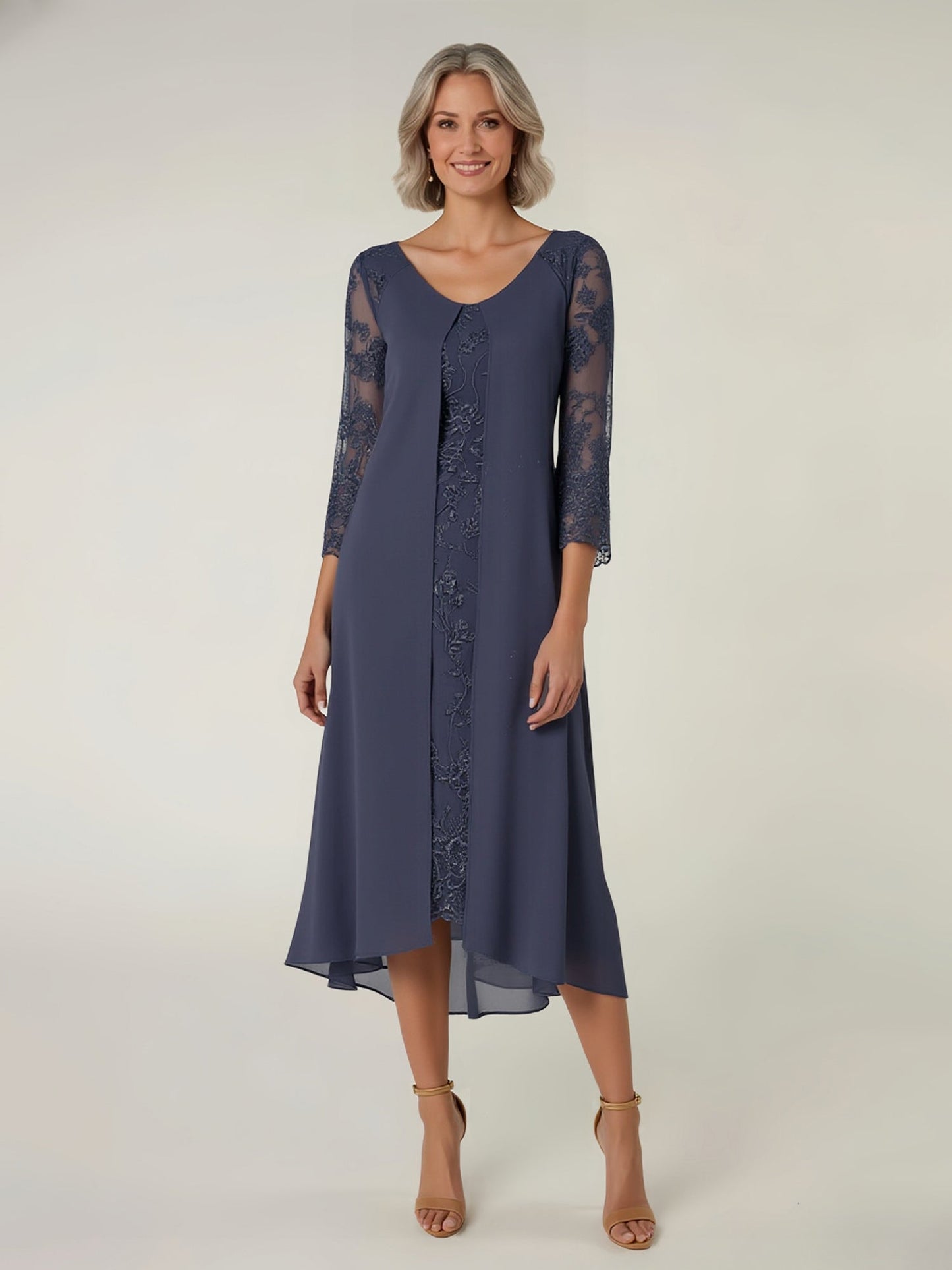 Lace Sheer Sleeves Scoop Neck Chiffon Illusion Stormy