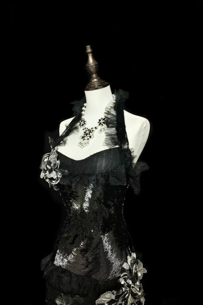 girlhomeshops-Evening dress Black mermaid-inspired floral gown, uniquely elegant dark mermaid long tulle ball gown/evening dress. gh6138