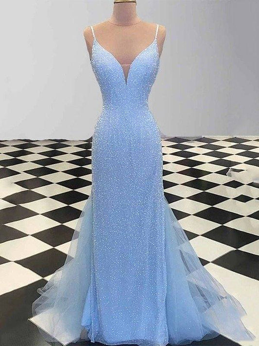 Sheath/Column Spaghetti Straps Sleeveless Tulle Sequin Sweep/Brush Train Dresses - RongMoon