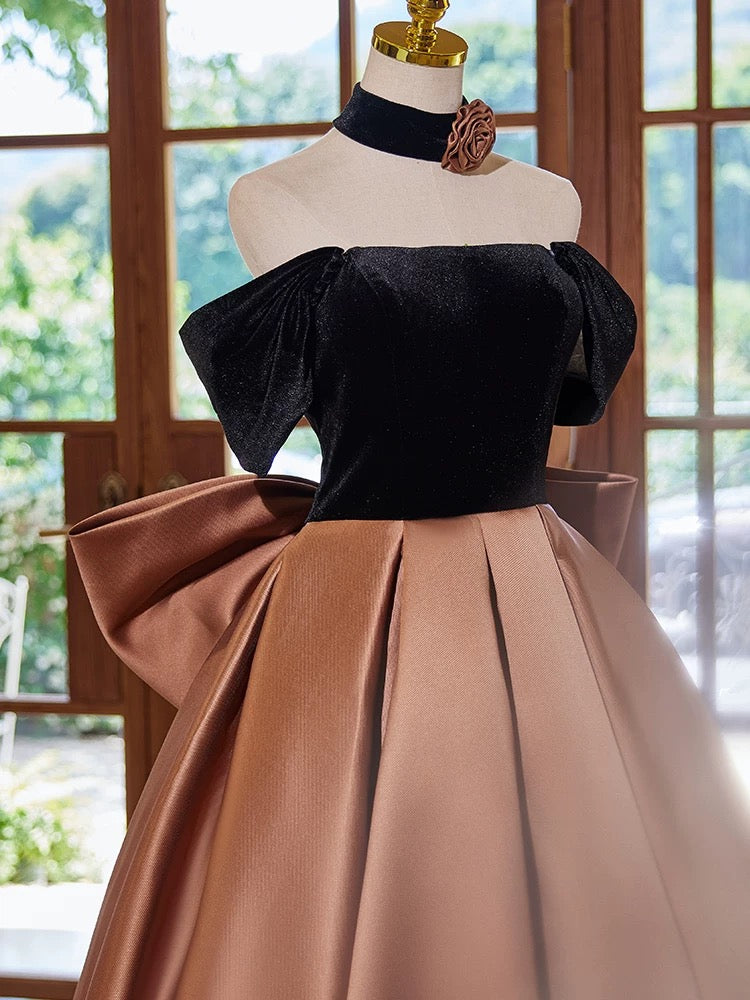 A-Line  Satin Velvet Brown Long Prom Dress, Brown Long Formal Dress
