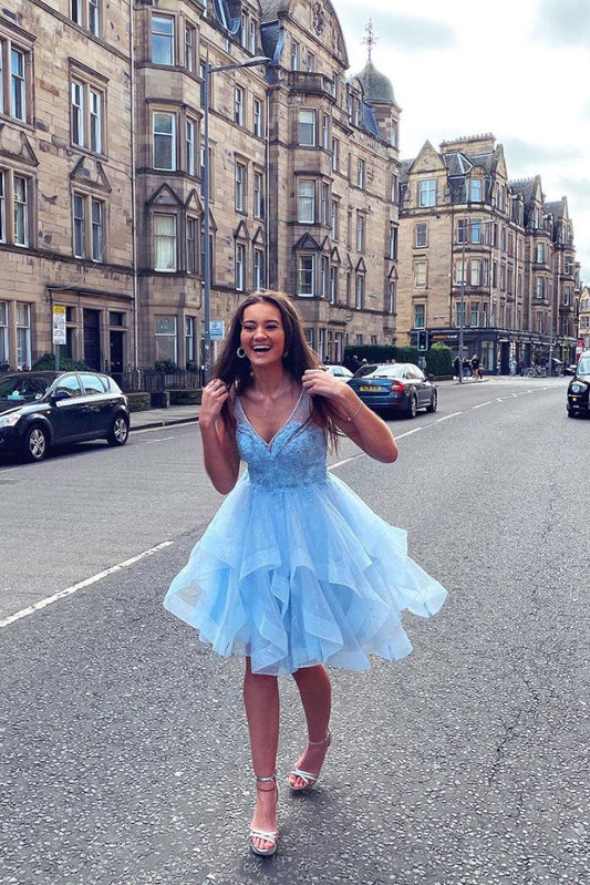 Blue v neck tulle short prom dress blue tulle lace homecoming dress