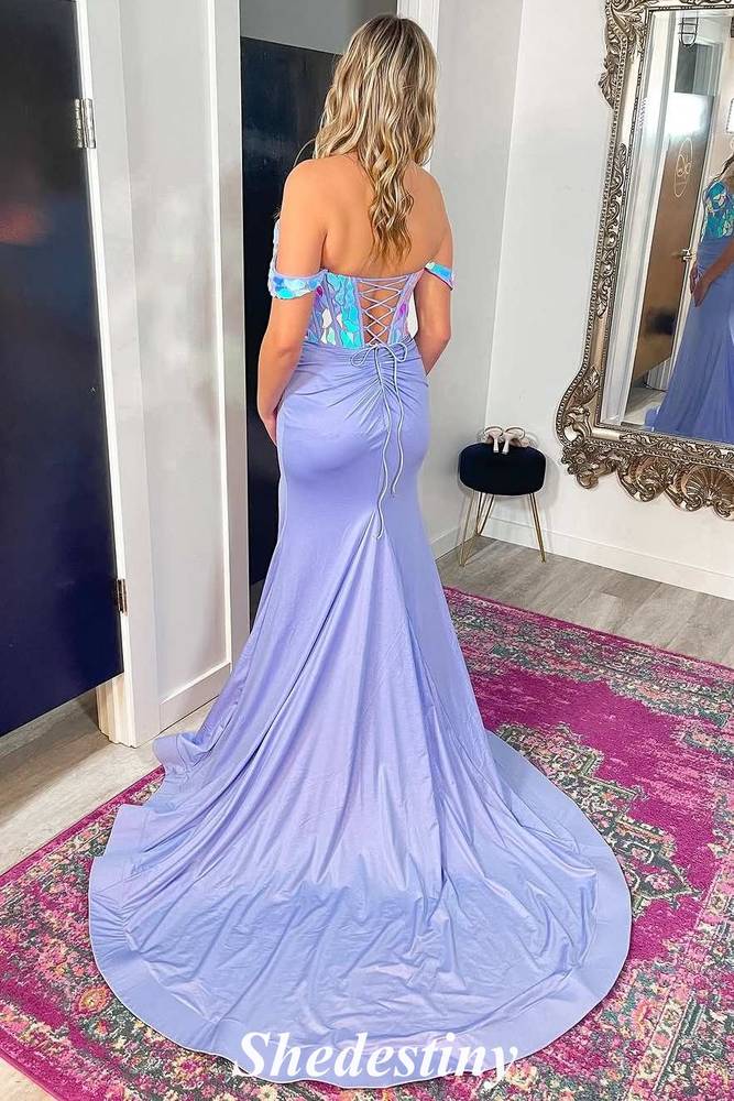 Cut Glass Mirror Lavender Off-Shoulder Mermaid Prom Dress with Slit
