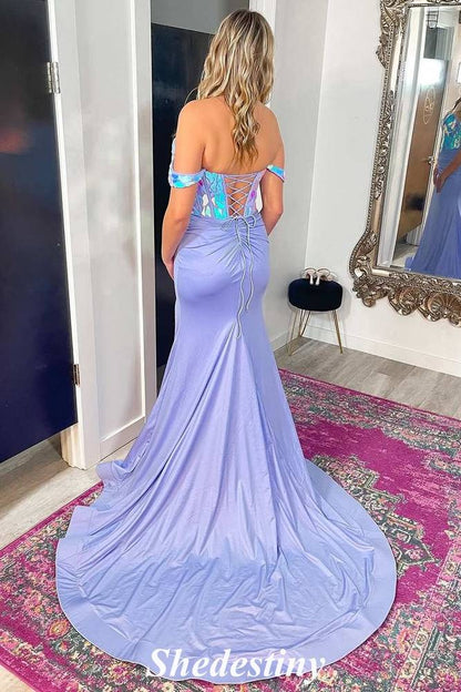 Cut Glass Mirror Lavender Off-Shoulder Mermaid Prom Dress with Slit