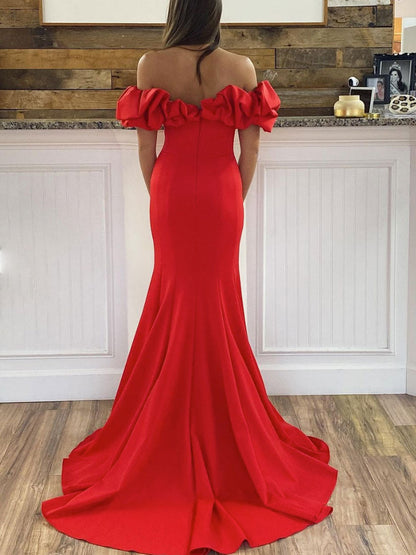 Simple  red off shoulder satin long prom dress, red evening dress