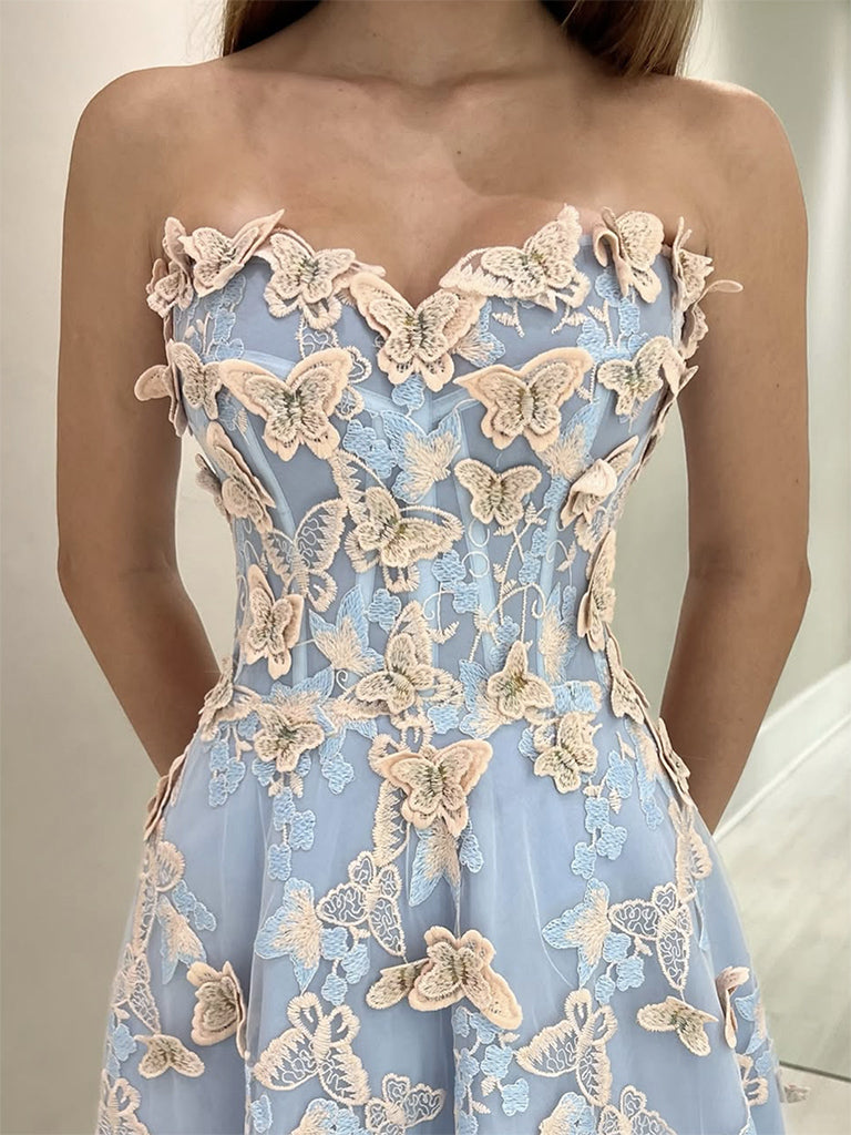 A-Line Sweetheart Neck Tulle Lace Blue Long Prom Dress, Blue Long Formal Dress
