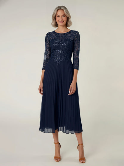 Embroidered Sequin Bodice Pleated Tea-Length Dress As Picture
