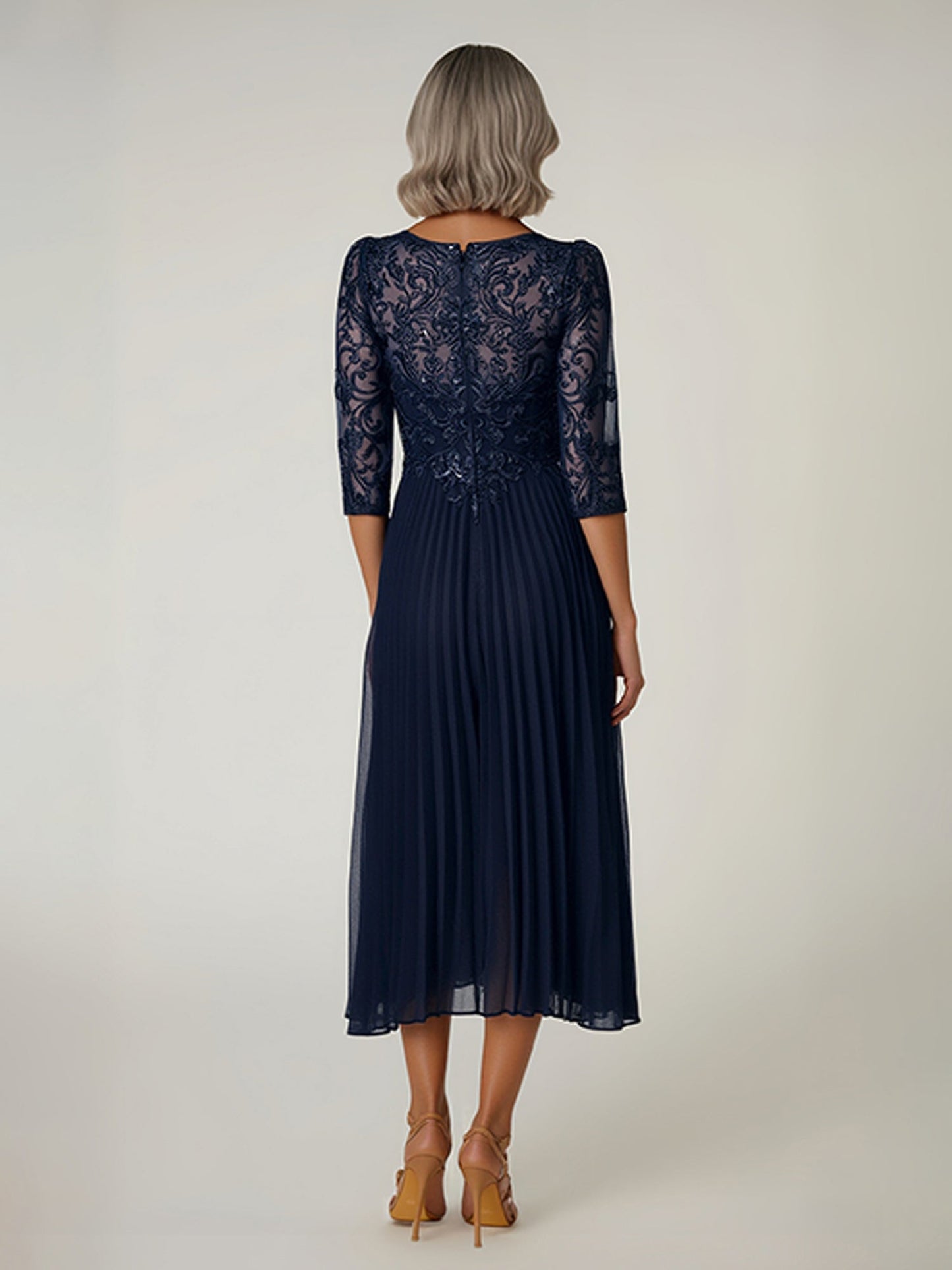 Embroidered Sequin Bodice Pleated Tea-Length Dress As Picture