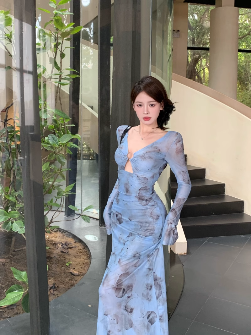 Vintage Blue Floral Design A-line Long-sleeved Dress HZ1024
