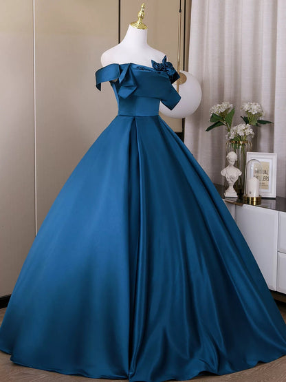 A-Line Off Shoulder Blue Long Prom Dress, Blue Long Formal Dress