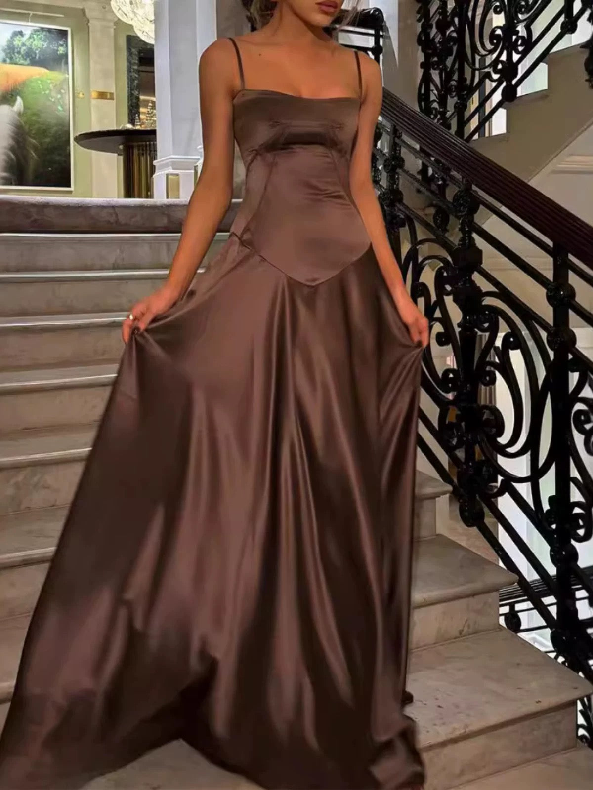 Pretty A line Spaghetti Straps Pink Satin Long Party Dresses Prom Dresses SD2705