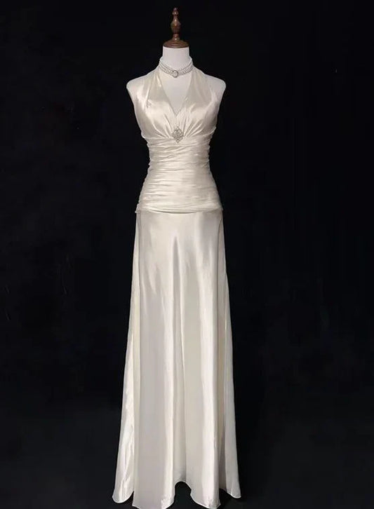 V Neck A Line Satin Long Prom Dresses Halter Wedding Dress
