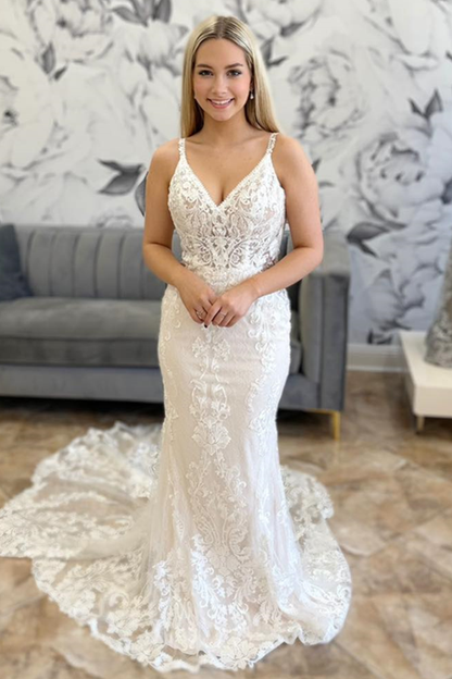 White Lace Mermaid V Neck Long Wedding Dress