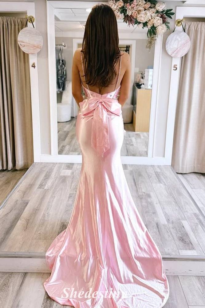 Rhinestone Sweetheart Pink Corset Mermaid Prom Dress with Bowknot