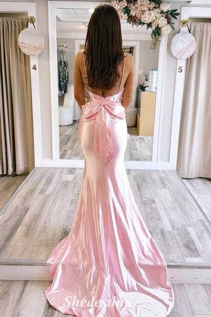 Rhinestone Sweetheart Pink Corset Mermaid Prom Dress with Bowknot