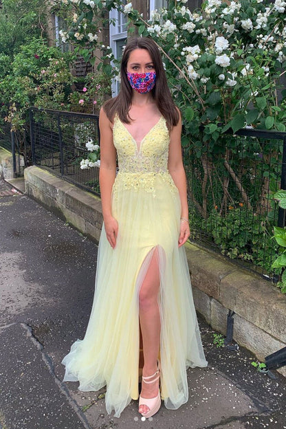 Yellow v neck tulle lace long prom dress yellow formal dress