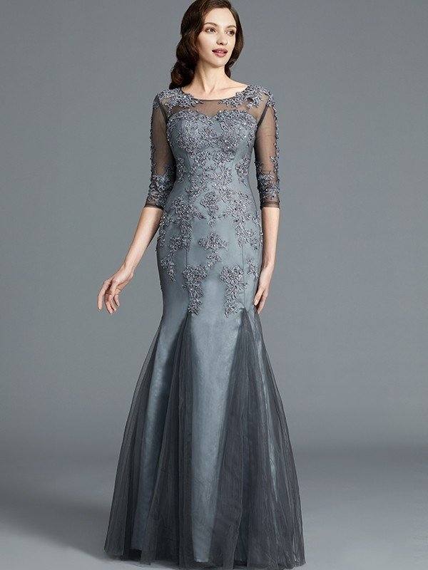 Sheath/Column Scoop Applique 1/2 Sleeves Tulle Floor-Length Mother of the Bride Dresses - RongMoon