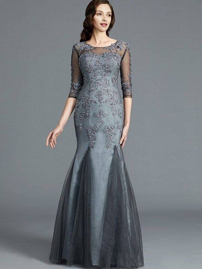Sheath/Column Scoop Applique 1/2 Sleeves Tulle Floor-Length Mother of the Bride Dresses - RongMoon