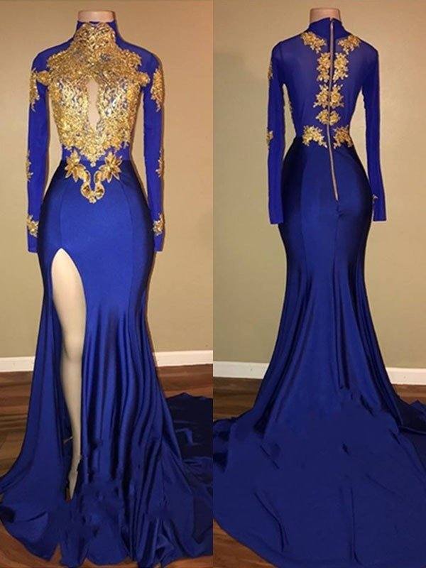Trumpet/Mermaid High Neck Long Sleeves Sweep/Brush Train Applique Spandex Dresses - RongMoon
