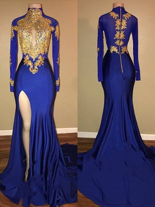 Trumpet/Mermaid High Neck Long Sleeves Sweep/Brush Train Applique Spandex Dresses - RongMoon