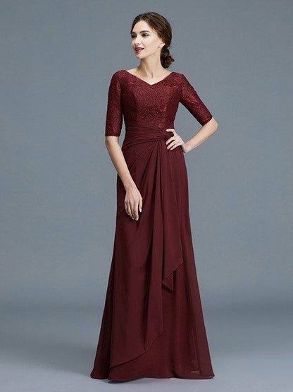 A-Line/Princess V-neck 1/2 Sleeves Ruffles Chiffon Floor-Length Mother of the Bride Dresses - RongMoon