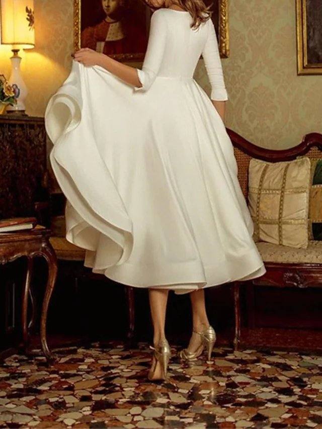 A-Line Wedding Dresses V Neck Tea Length Satin 3/4 Length Sleeve Simple Vintage Little White Dress 1950s with Pleats - RongMoon