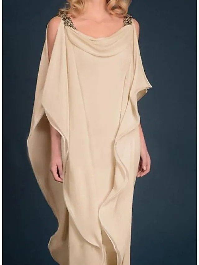 Sheath / Column Mother of the Bride Dress Elegant Jewel Neck Floor Length Chiffon Satin Half Sleeve with Beading Cascading Ruffles - RongMoon
