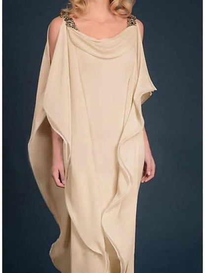 Sheath / Column Mother of the Bride Dress Elegant Jewel Neck Floor Length Chiffon Satin Half Sleeve with Beading Cascading Ruffles - RongMoon