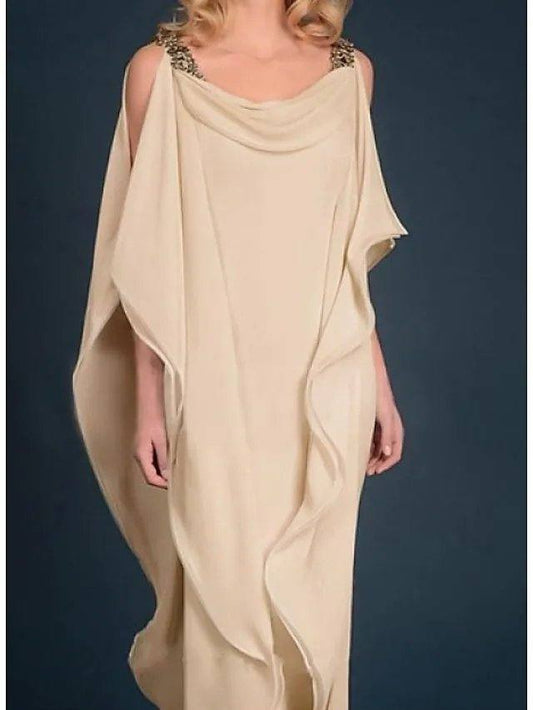 Sheath / Column Mother of the Bride Dress Elegant Jewel Neck Floor Length Chiffon Satin Half Sleeve with Beading Cascading Ruffles - RongMoon