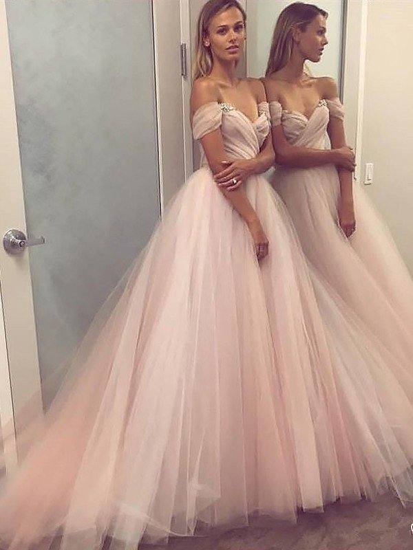 A-Line/Princess Sleeveless Off-the-Shoulder Tulle Beading Sweep/Brush Train Dresses - RongMoon