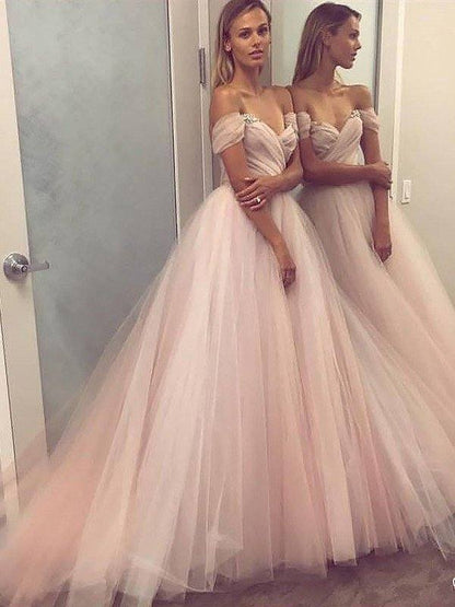 A-Line/Princess Sleeveless Off-the-Shoulder Tulle Beading Sweep/Brush Train Dresses - RongMoon
