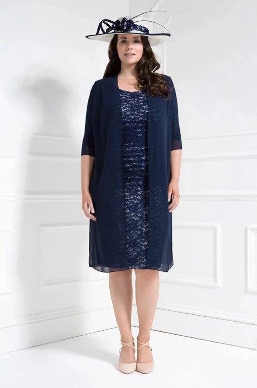 Navy Blue Mother Of The Bride Dresses Sheath Knee Length Lace With Jacket Plus Size Short Groom Mother Dresses For Wedding - RongMoon
