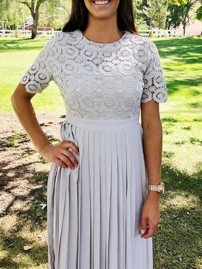 Sheath / Column Mother of the Bride Dress Elegant Jewel Neck Floor Length Chiffon Lace Short Sleeve with Lace Appliques Ruching - RongMoon