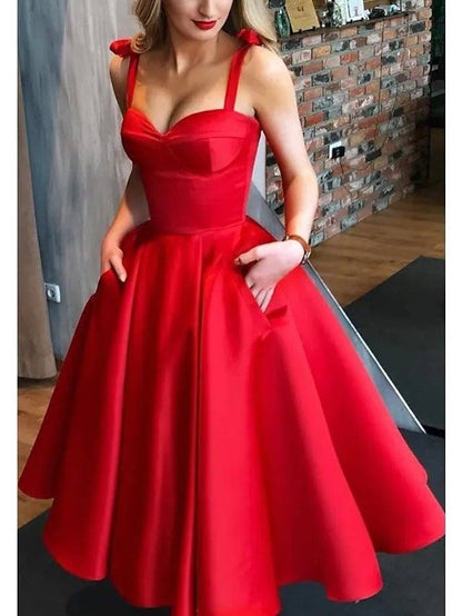 Ball Gown Minimalist Party Wear Prom Valentine's Day Dress Spaghetti Strap Sleeveless Tea Length Satin with Pleats - RongMoon