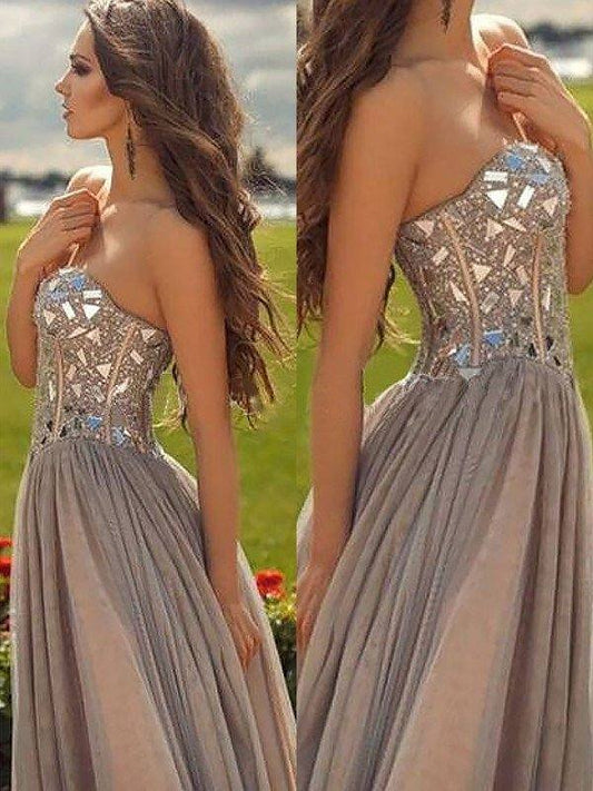 A-Line/Princess Sweetheart Sleeveless Chiffon Beading Floor-Length Dresses - RongMoon