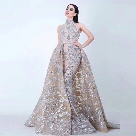 Elegant Muslim Evening Dresses Mermaid High Collar Appliques Lace Long Islamic Dubai Saudi Arabic Long Formal Evening Gown - RongMoon