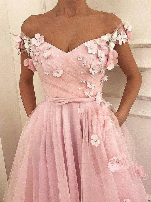 A-Line/Princess Sleeveless Off-the-Shoulder Floor-Length Applique Tulle Dresses - RongMoon