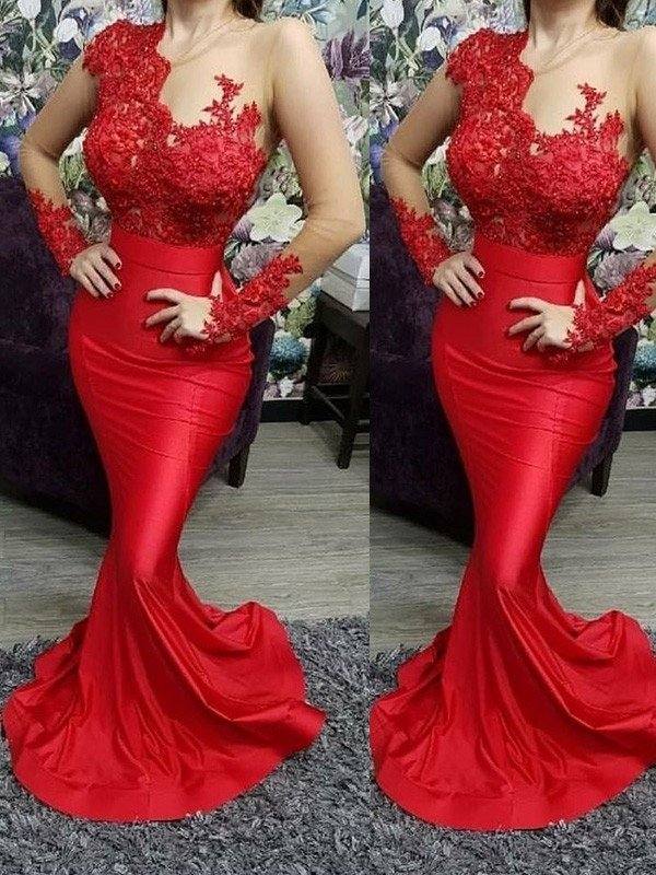Trumpet/Mermaid Applique Scoop Satin Sweep/Brush Train Long Sleeves Dresses - RongMoon