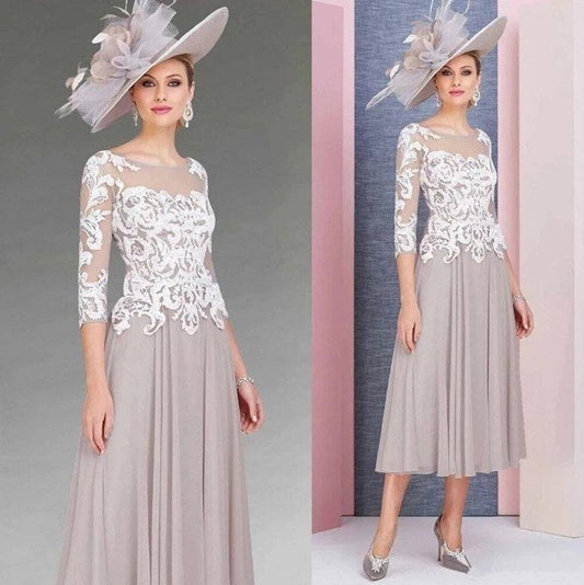 Tea Length Mother Of The Bride Dresses A-line 3/4 Sleeves Chiffon Appliques Lace Short Groom Mother Dresses For Wedding - RongMoon
