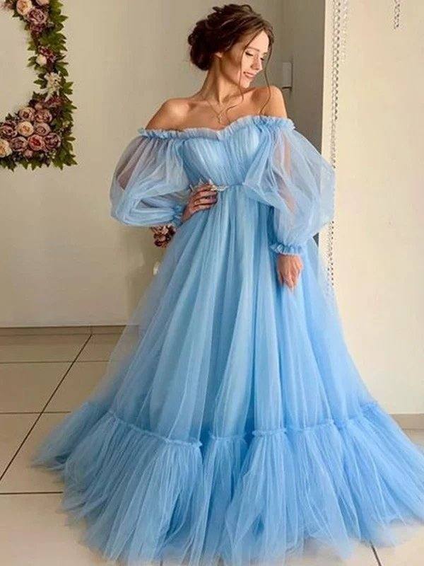 A-Line/Princess Tulle Applique Off-the-Shoulder Long Sleeves Floor-Length Dresses - RongMoon