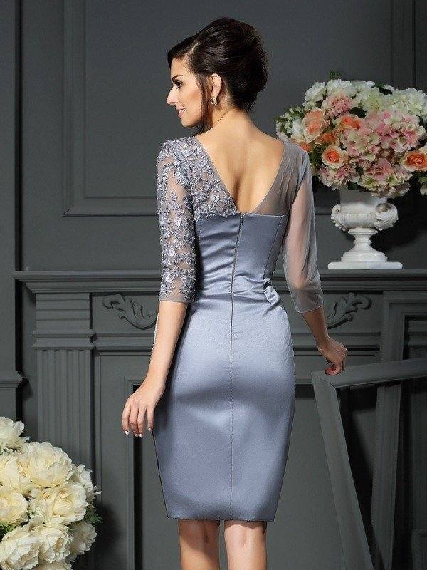 Sheath/Column Scoop Beading 1/2 Sleeves Short Satin Mother of the Bride Dresses - RongMoon