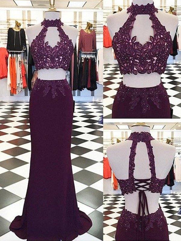 Sheath/Column Halter Applique Floor-Length Sleeveless Spandex Two Piece Dresses - RongMoon