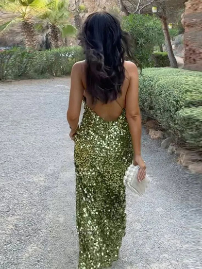 Gorgeous Green Sequins Backless Sheath Evening Dress V Neck Long Party Prom Dress cc2110
