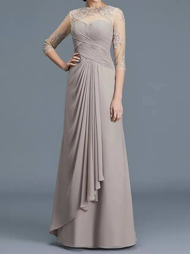 A-Line Mother of the Bride Dress Elegant Illusion Neck Floor Length Chiffon Lace 3/4 Length Sleeve with Lace Appliques Ruching - RongMoon