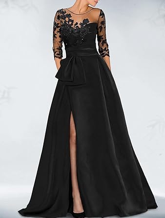 Aimishang A-Line Elegant Wedding Guest Dress Court Train Jewel Neck 3/4 Sleeve Evening Dress with Beading Slit Appliques Fall Wedding Guest Dress November
