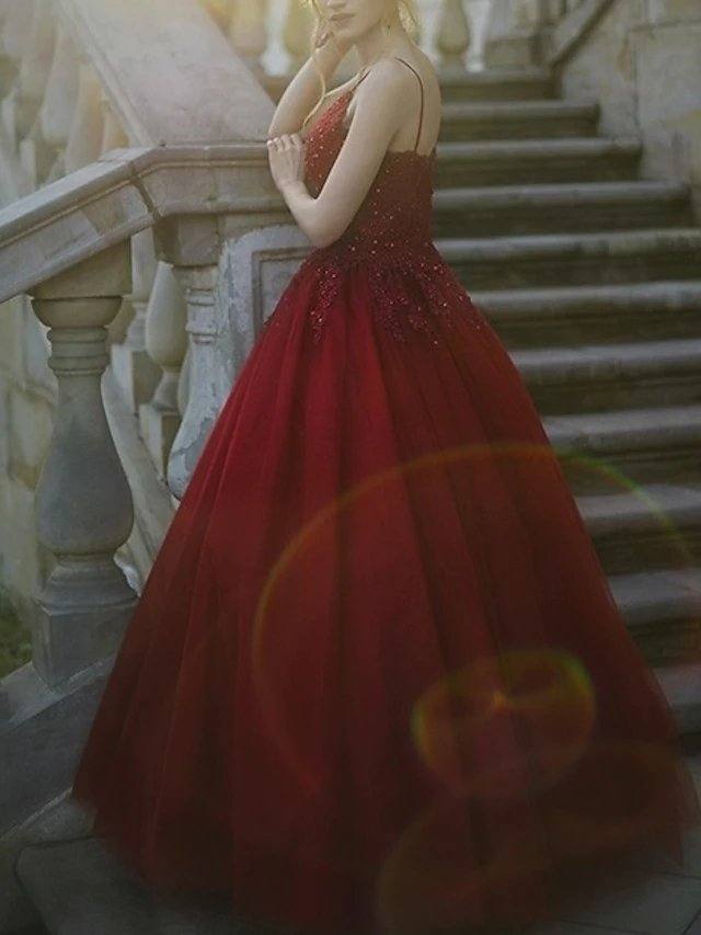 A-Line Luxurious Sexy Wedding Guest Prom Dress V Neck Spaghetti Strap Sleeveless Sweep / Brush Train Lace Tulle with Pleats - RongMoon