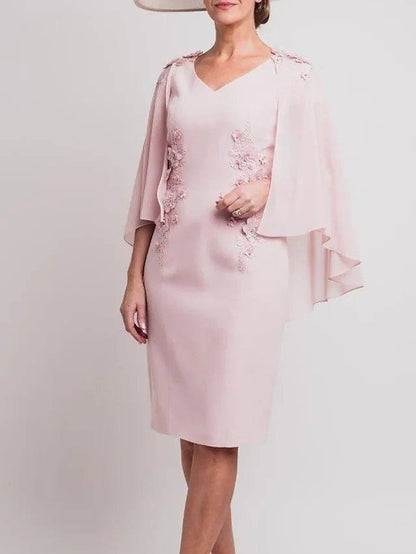 Sheath / Column Mother of the Bride Dress Elegant V Neck Knee Length Chiffon 3/4 Length Sleeve with Appliques - RongMoon