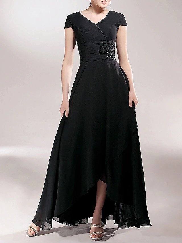 Sheath / Column Mother of the Bride Dress Little Black Dress V Neck Asymmetrical Chiffon Short Sleeve with Ruched Beading Appliques - RongMoon