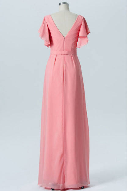 Pink Chiffon Ruffled Sleeves Backless Bridesmaid Dress