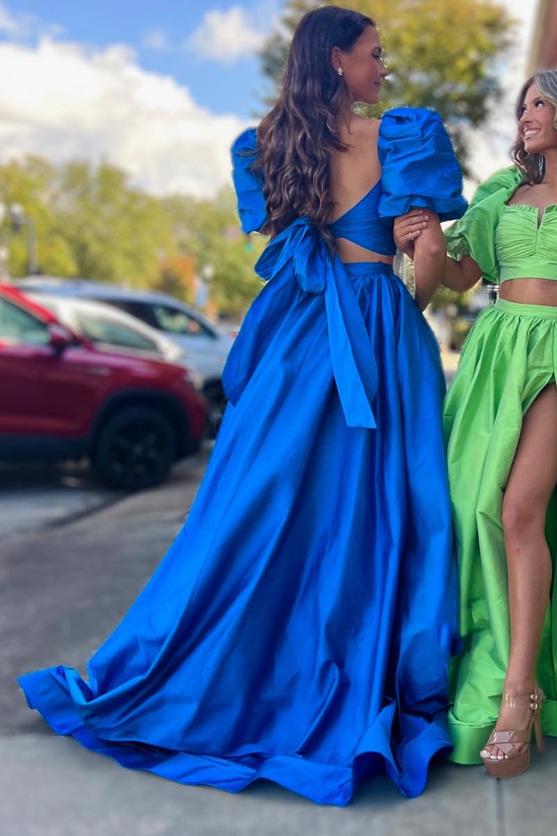 Two-Piece Green Puff Sleeve Tie-Back Long Prom Dress