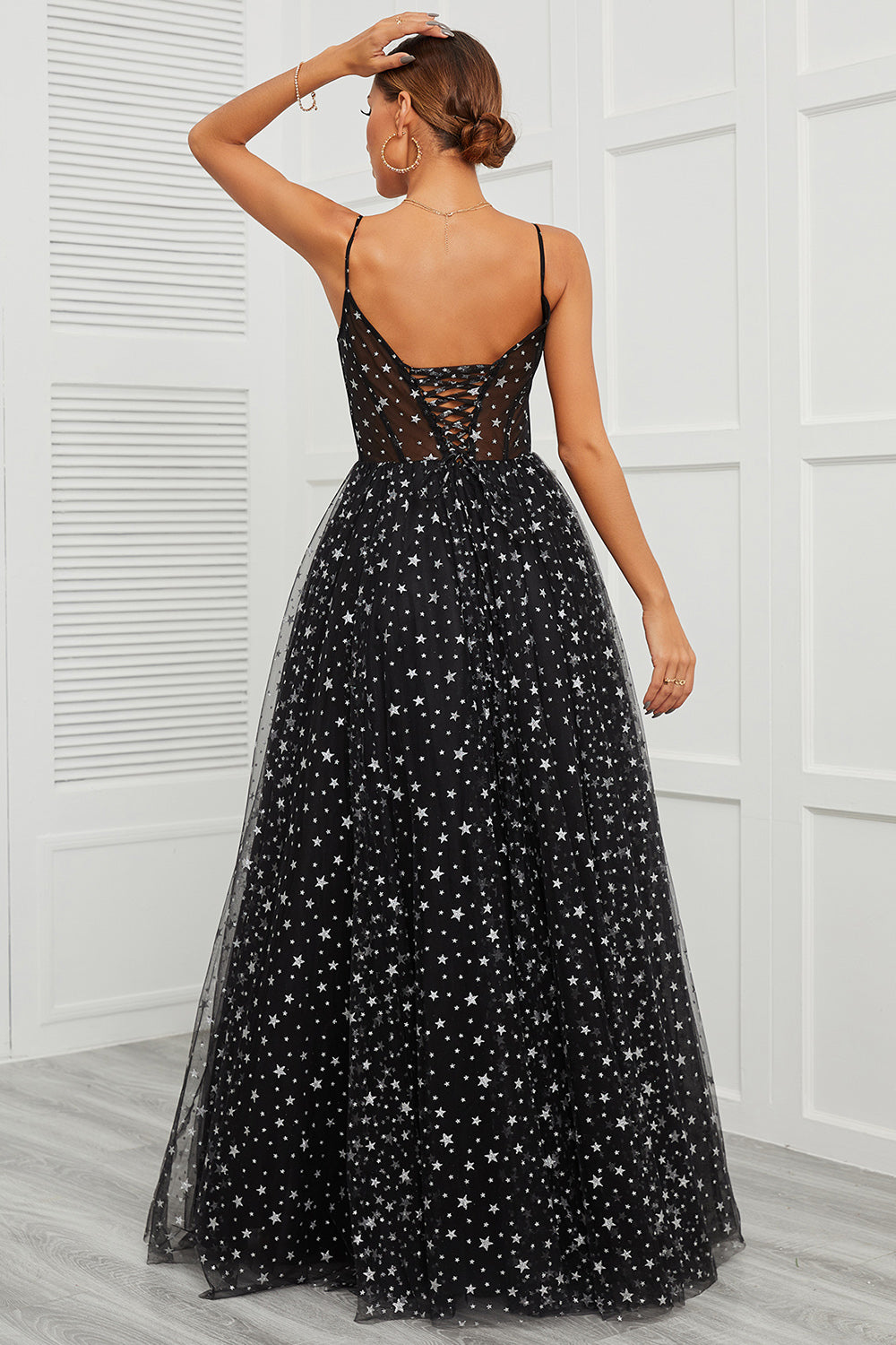 Black Star Sequins Sheer Bodice A-Line Long Prom Dress